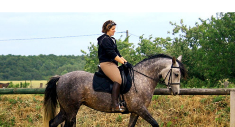 Amandine montant un cheval gris en extérieur